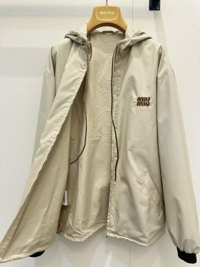 Miu Miu Hooded Leather Coat in Beige