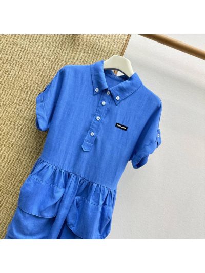 Miu Miu Linen Short Sleeve Dress in Blue