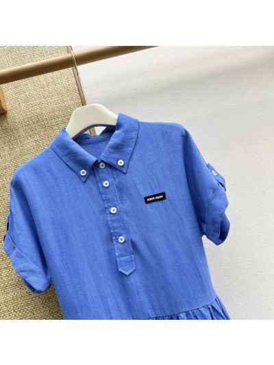 Miu Miu Linen Short Sleeve Dress in Blue