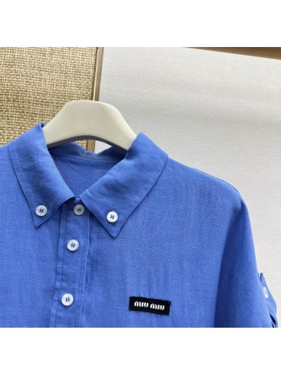 Miu Miu Linen Short Sleeve Dress in Blue