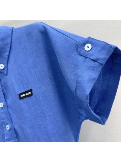 Miu Miu Linen Short Sleeve Dress in Blue