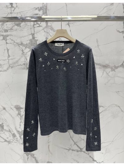 Miu Miu Long Sleeve Beaded Knit Top in Navy