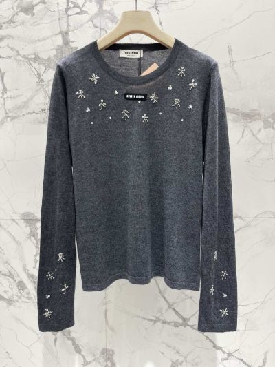 Miu Miu Long Sleeve Beaded Knit Top in Navy