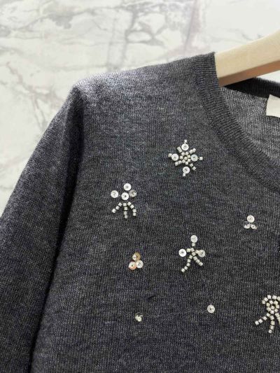 Miu Miu Long Sleeve Beaded Knit Top in Navy