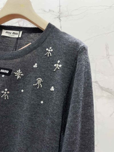 Miu Miu Long Sleeve Beaded Knit Top in Navy