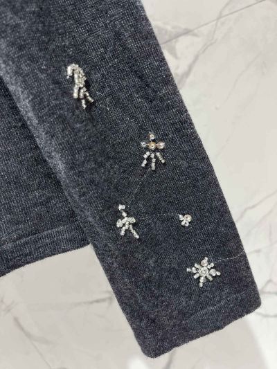 Miu Miu Long Sleeve Beaded Knit Top in Navy