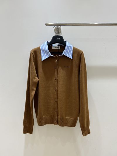 Miu Miu Long Sleeve Button-Front Cardigan in Brown and Blue