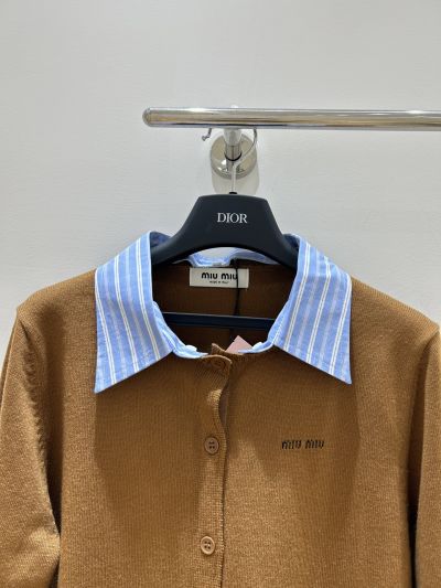 Miu Miu Long Sleeve Button-Front Cardigan in Brown and Blue