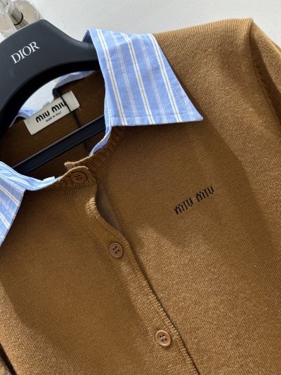 Miu Miu Long Sleeve Button-Front Cardigan in Brown and Blue