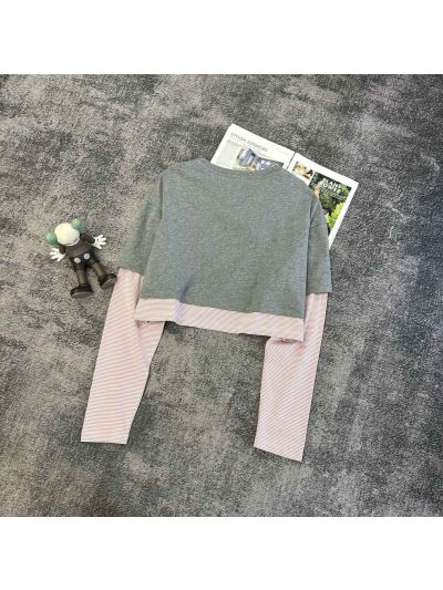 Miu Miu Long Sleeve Contrast-Trim T-Shirt in Grey and Pink