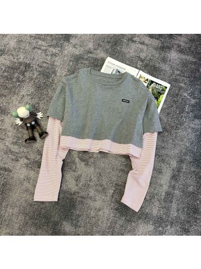 Miu Miu Long Sleeve Contrast-Trim T-Shirt in Grey and Pink