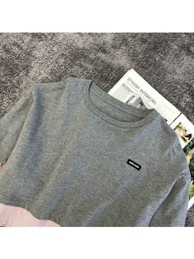 Miu Miu Long Sleeve Contrast-Trim T-Shirt in Grey and Pink
