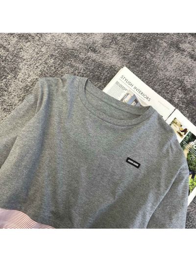 Miu Miu Long Sleeve Contrast-Trim T-Shirt in Grey and Pink