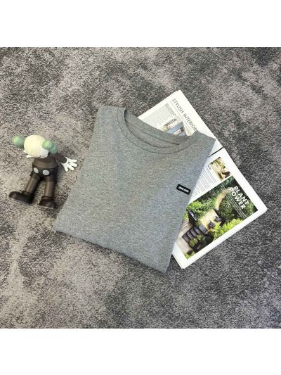 Miu Miu Long Sleeve Contrast-Trim T-Shirt in Grey and Pink