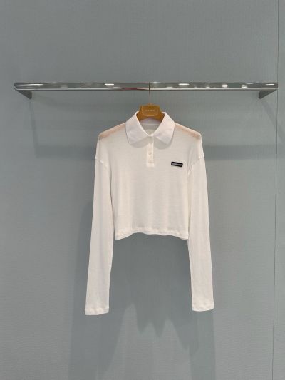 Miu Miu Long Sleeve Contrast-Trim T-Shirt in White
