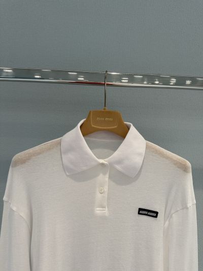 Miu Miu Long Sleeve Contrast-Trim T-Shirt in White