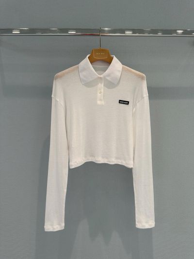 Miu Miu Long Sleeve Contrast-Trim T-Shirt in White