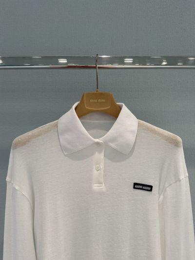 Miu Miu Long Sleeve Contrast-Trim T-Shirt in White