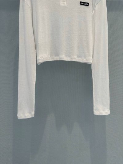 Miu Miu Long Sleeve Contrast-Trim T-Shirt in White