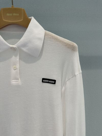 Miu Miu Long Sleeve Contrast-Trim T-Shirt in White