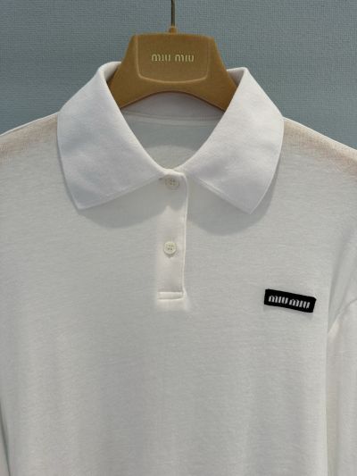 Miu Miu Long Sleeve Contrast-Trim T-Shirt in White
