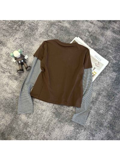 Miu Miu Long Sleeve Crew Neck T-Shirt in Brown