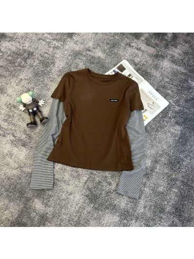 Miu Miu Long Sleeve Crew Neck T-Shirt in Brown