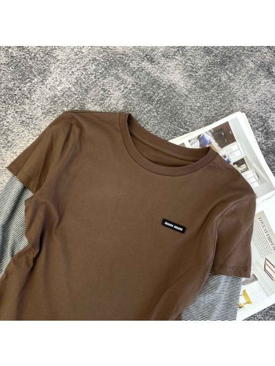 Miu Miu Long Sleeve Crew Neck T-Shirt in Brown