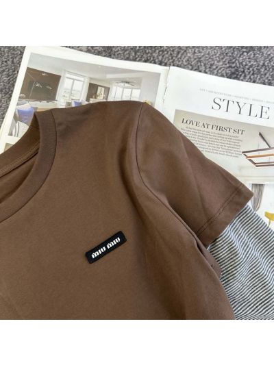 Miu Miu Long Sleeve Crew Neck T-Shirt in Brown