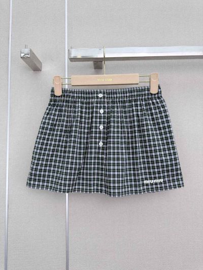 Miu Miu Plaid Button-Front Skirt in Green and White