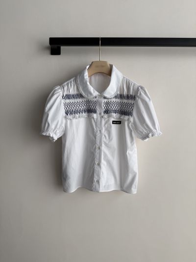 Miu Miu Puff Sleeve Embroidered Shirt in White