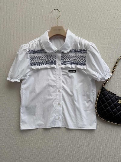 Miu Miu Puff Sleeve Embroidered Shirt in White