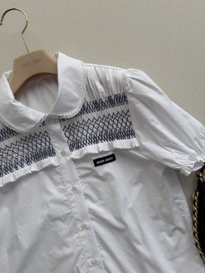Miu Miu Puff Sleeve Embroidered Shirt in White