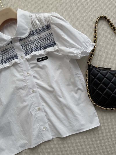 Miu Miu Puff Sleeve Embroidered Shirt in White