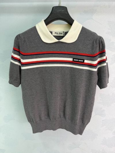 Miu Miu Puff Sleeve Striped Knit Top