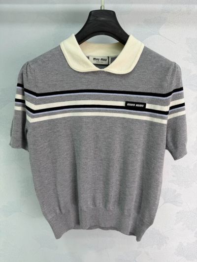 Miu Miu Puff Sleeve Striped Knit Top
