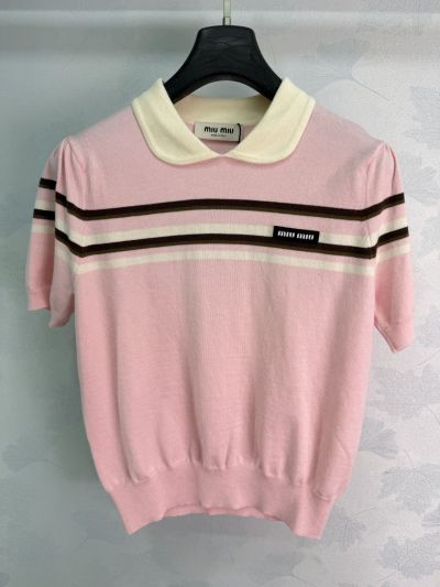 Miu Miu Puff Sleeve Striped Knit Top