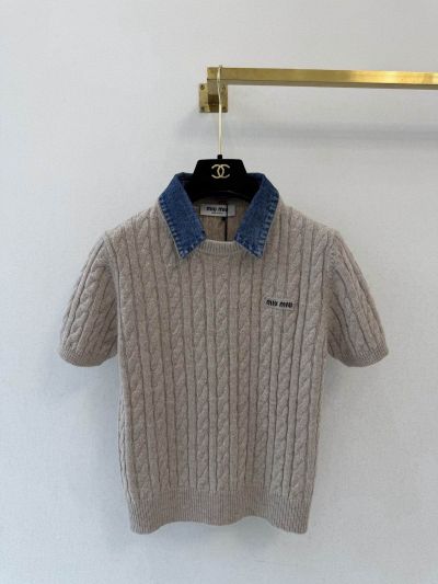 Miu Miu Short Sleeve Denim Knit Top in Beige