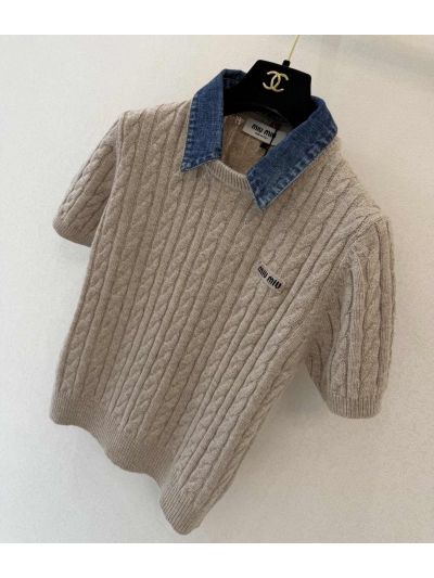 Miu Miu Short Sleeve Denim Knit Top in Beige