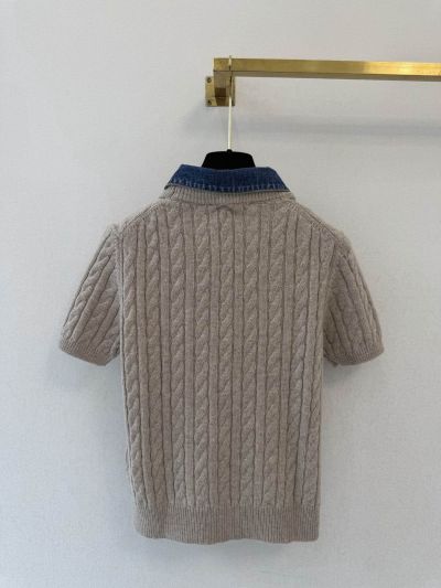 Miu Miu Short Sleeve Denim Knit Top in Beige