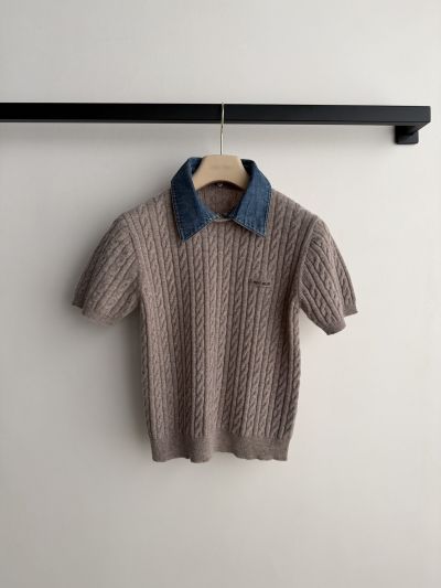 Miu Miu Short Sleeve Embroidered Knit Top in Beige