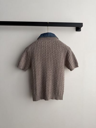 Miu Miu Short Sleeve Embroidered Knit Top in Beige