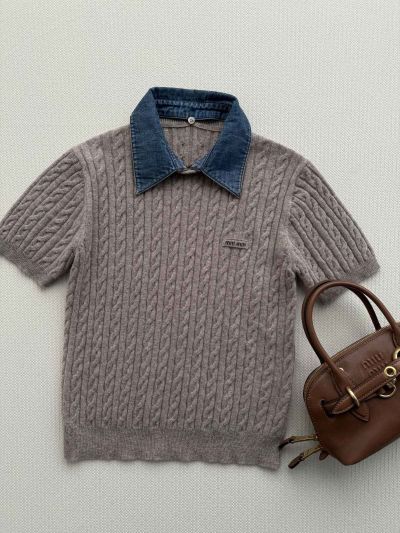 Miu Miu Short Sleeve Embroidered Knit Top in Beige