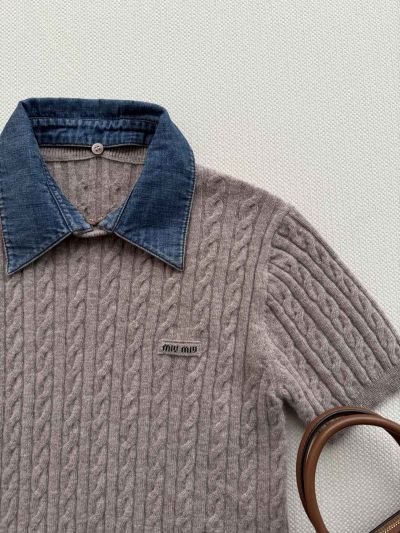 Miu Miu Short Sleeve Embroidered Knit Top in Beige