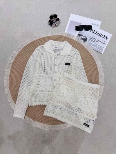 Miu Miu Short Sleeve Openwork Cardigan in White