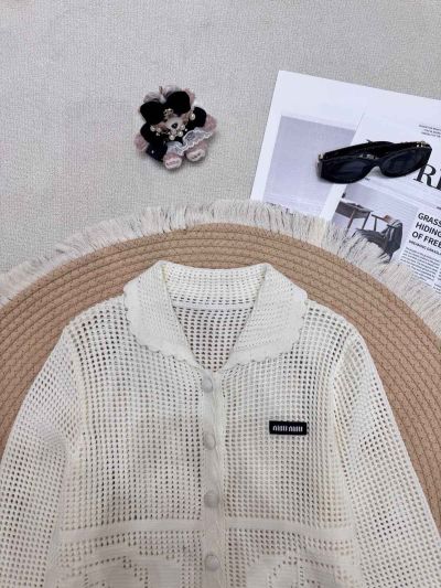 Miu Miu Short Sleeve Openwork Cardigan in White
