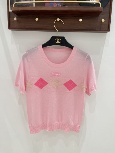 Miu Miu Short Sleeve Ribbed Knit Top in Pink