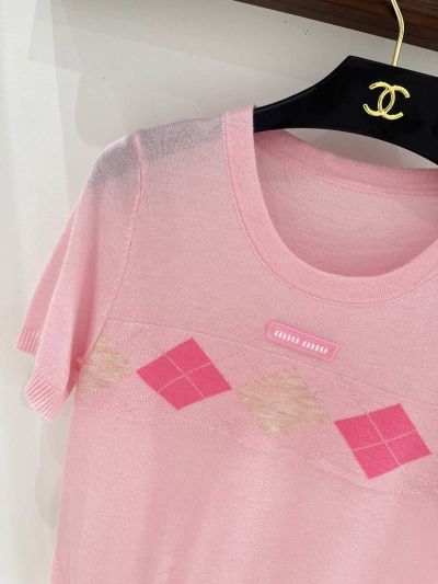 Miu Miu Short Sleeve Ribbed Knit Top in Pink