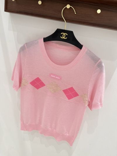 Miu Miu Short Sleeve Ribbed Knit Top in Pink