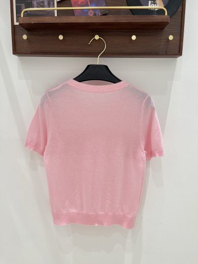 Miu Miu Short Sleeve Ribbed Knit Top in Pink